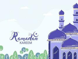 Ramadan kareem Police de caractère avec mosquée et arbre sur blanc Contexte. vecteur