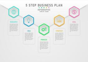 moden modèle 5 pas affaires Planification à Succès hexagonal multicolore carrelé et centré icône carré contour avec des lettres gris pente Contexte conçu pour commercialisation, finance, investissement. vecteur