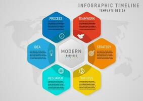 infographie modèle 6 étape affaires Planification à Succès multi coloré hexagone blanc icône dans le centre avec boutons et une carte dessous. gris pente Contexte conception pour commercialisation, finance, produit. vecteur