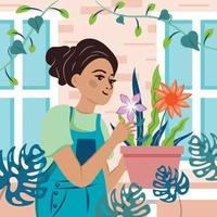 jardinage à la maison avec modèle femme et plantes