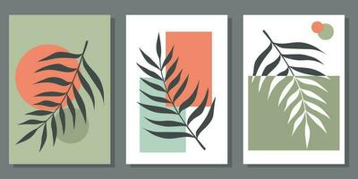 ensemble de Créatif minimaliste peintures avec botanique éléments et Orange et vert formes. pour intérieur décoration, impression et conception vecteur