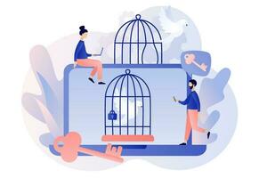 liberté concept. esprit prison psychologique. oiseau mouche en dehors de cage comme étape en dehors de interne prison métaphore. confort zone. personnel développement. moderne plat dessin animé style. vecteur illustration