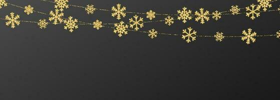 Noël ou Nouveau année d'or flocon de neige décoration guirlande sur noir Contexte. pendaison briller flocon de neige. vecteur illustration