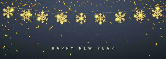 Nouveau année brillant briller embrasé d'or flocon de neige décoration guirlande sur foncé Contexte. pendaison briller flocon de neige. vecteur illustration