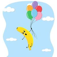 mignon personnage de banane volant sur des ballons colorés vecteur
