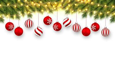 de fête Noël ou Nouveau année Contexte. Noël sapin branches avec lumière guirlande et Noël rouge des balles. vacances Contexte. vecteur illustration