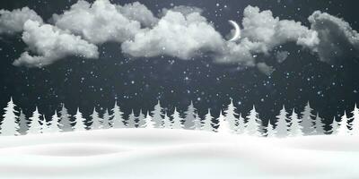 Noël nuit Contexte avec des nuages, lune et chute neige. hiver paysage. vecteur illustration