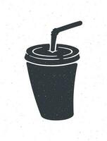 silhouette de jetable papier tasse avec un soda et paille. vecteur illustration. dessin animé verre avec carbonaté du froid boire. vite nourriture symbole. clipart pour menus, vitrines. isolé blanc Contexte