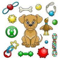 ensemble coloré de dessin animé chien et jouets pour animal de compagnie magasin vecteur