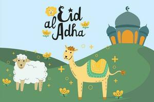 eid mubarak eid ul adha mobarak et mosquée illustration chameau mouton vecteur