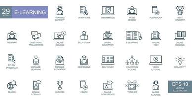 concept d'entreprise, gens d'affaires, e-learning. jeu d'icônes web fine ligne. vecteur