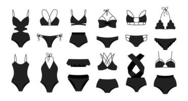 ensemble de aux femmes maillots de bain, maillots de bain sur une blanc Contexte. aux femmes Vêtements Icônes, noir silhouette, vecteur