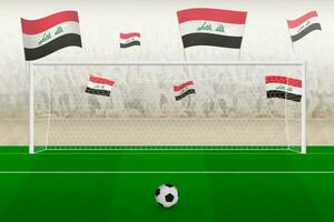 Irak Football équipe Ventilateurs avec drapeaux de Irak applaudissement sur stade, peine donner un coup concept dans une football correspondre. vecteur