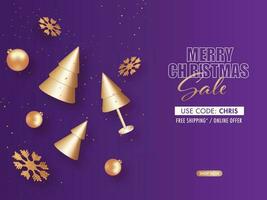 joyeux Noël vente affiche conception avec 3d d'or Noël des arbres, babioles et flocons de neige sur violet Contexte. vecteur