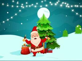 de bonne humeur Père Noël claus en portant tinter cloches avec Noël des arbres, cadeau des boites, éclairage guirlande et plein lune sur sarcelle neigeux Contexte. vecteur