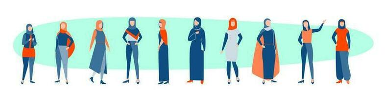 ensemble de arabe femmes concept. collection de arabe femmes les musulmans dans hijab. saoudien les filles supporter dans différent traditionnel islamique vêtements. femelles de Saoudite portant foulard. plat vecteur illustration