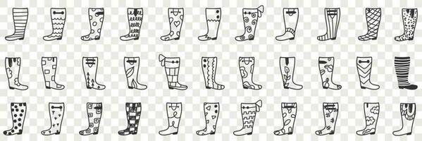 caoutchouc bottes dessins griffonnage ensemble. collection de main tiré divers dessins et motifs de caoutchouc bottes pour portant pendant pluvieux temps chaussure isolé sur transparent vecteur