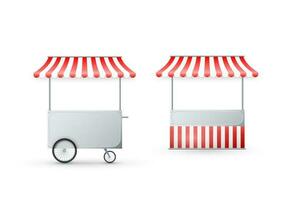 Chariot avec store. mobile rue nourriture livraison. magasin sur roues. vecteur illustration isolé sur blanc