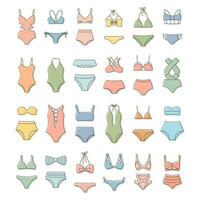 ensemble de ligne dessins de aux femmes maillots de bain, maillots de bain bikini sur une blanc Contexte. aux femmes Vêtements Icônes, esquisser, vecteur