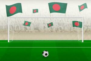 bangladesh Football équipe Ventilateurs avec drapeaux de bangladesh applaudissement sur stade, peine donner un coup concept dans une football correspondre. vecteur