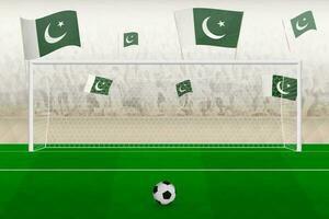 Pakistan Football équipe Ventilateurs avec drapeaux de Pakistan applaudissement sur stade, peine donner un coup concept dans une football correspondre. vecteur