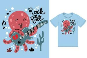 mignonne poulpe en jouant guitare illustration avec T-shirt conception prime vecteur