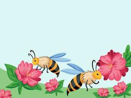 la nature à thème vecteur illustratif Contexte avec les abeilles et fleurs décorations isolé sur ciel bleu horizontal paysage fond d'écran. vide copie espace vecteur toile de fond pour social médias Publier ou affiche.