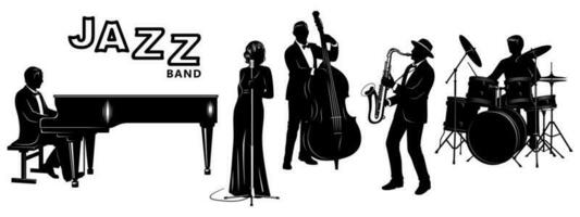 le jazz bande silhouettes ensemble. pianiste, chanteur, double bassiste, saxophoniste, le batteur. vecteur cliparts.