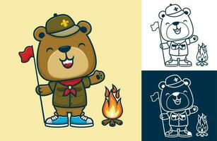 marrant ours dans scout uniforme en portant drapeau avec feu. vecteur dessin animé illustration dans plat icône style