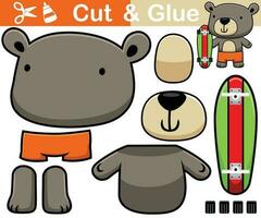 vecteur illustration de nounours ours dessin animé avec planche à roulette. coupé et collage