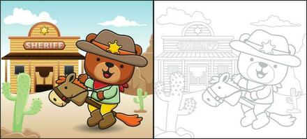 vecteur dessin animé de mignonne ours équitation bâton cheval jouet sur shérif Bureau Contexte. coloration livre ou page