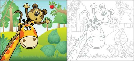 dessin animé de singe montée la girafe cou en essayant à choisir fruit. coloration livre ou page vecteur