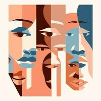 abstrait gens visage art avec différent peau couleurs, multiracial, non racisme, la diversité vecteur