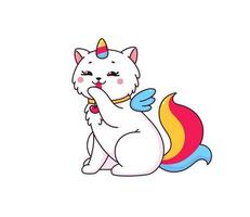 dessin animé mignonne caticorn personnage lécher ses patte vecteur