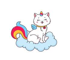 dessin animé mignonne caticorn personnage sur duveteux nuage vecteur