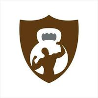 Gym Puissance logo conception idée avec bouilloire cloche et tonnerre symbole dans négatif espace. aptitude et la musculation club logo modèle. sport et des loisirs thème. vecteur