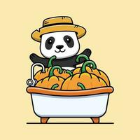 mignonne Panda dessin animé personnage dans une baignoire avec citrouilles. vecteur illustration.