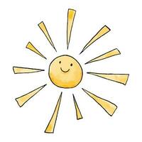 dessiné à la main aquarelle illustration de mignonne souriant Soleil. des rayons de ensoleillement dans dessin animé style. vecteur
