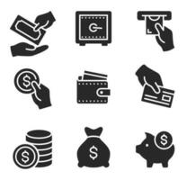 argent et la finance icône. devise échange, Paiement et profit silhouette symboles. main donnant argent billet de banque vecteur