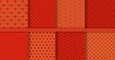 traditionnel chinois sans couture modèle, d'or asiatique Contexte. rouge et or Japonais vague ornements, abstrait décoratif texture vecteur ensemble