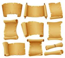 dessin animé volutes, vieux parchemin papier, ancien papyrus faire défiler. antique manuscrit rouleau, médiéval roulé papiers, Vide Trésor carte vecteur ensemble