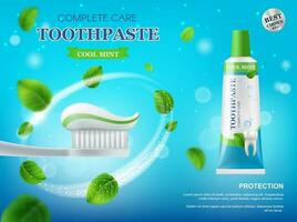 dentifrice, brosse à dents et menthe feuilles affiche vecteur