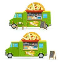Pizza nourriture un camion isolé vecteur voiture, dessin animé van