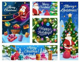 Père Noël sur toit, Noël cadeaux, Noël arbre et elfe vecteur