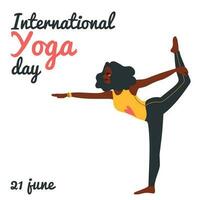 international yoga journée. africain américain femme Faire yoga des exercices. plat vecteur illustration