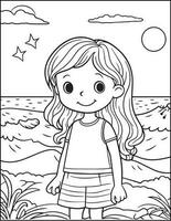 dessin animé mignonne peu fille sur le plage. coloration livre vecteur