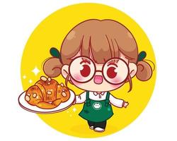 barista mignon en tablier tenant illustration de personnage de dessin animé croissant vecteur