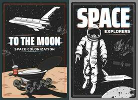 espace astronaute, vaisseau spatial et lune planète affiches vecteur
