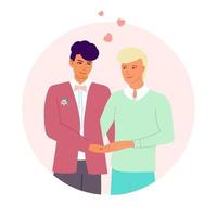jeunes mariés gay se tenant la main. heureux couple gay. le concept de LGBT, d'amour et d'égalité. conception pour la Saint Valentin, mariage, cartes de voeux. illustration de dessin animé de vecteur
