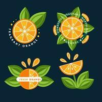 ensemble de logos, emblèmes, badges avec orange, vert feuilles, fruit tranches. bien pour décoration de nourriture emballage, épiceries, agriculture magasins, publicité. plat style vecteur